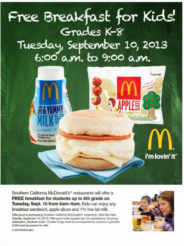 Back to School: #Free Breakfast at SoCal McDonald’s for Students – Tues, Sept 10th (6-9am) @McDonalds_SoCal