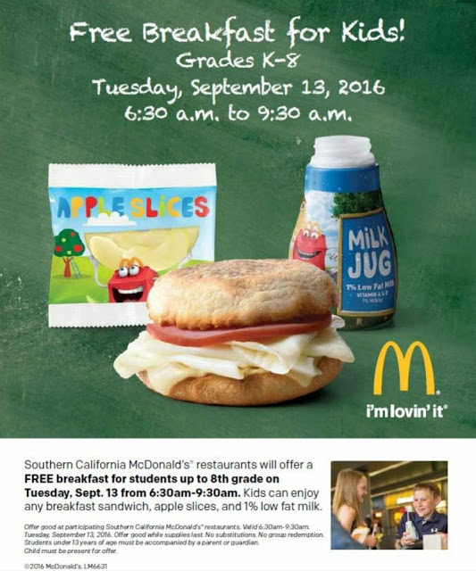 Back-to-School Free Breakfast for Kids K-8th Grade at Southern California McDonald’s Tuesday, Sept 13th!